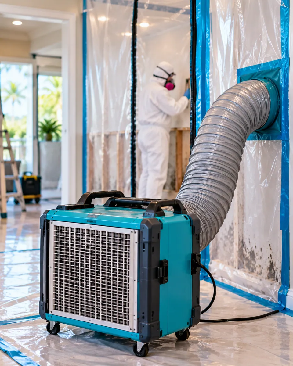 HEPA air scrubber and poly containment set up for mold remediation in Mangonia Park
