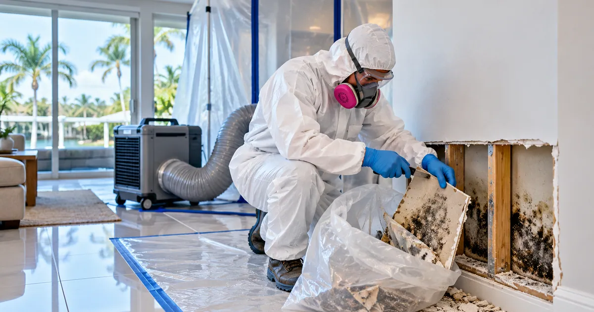 Welcome-Home Mold Removal in Mangonia Park, FL — technician removing mold under containment